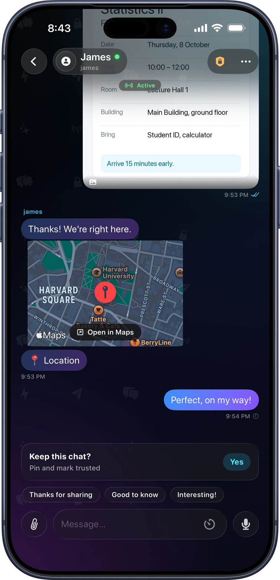 Whispyr on iPhone: Mike's side of the same conversation with James.
