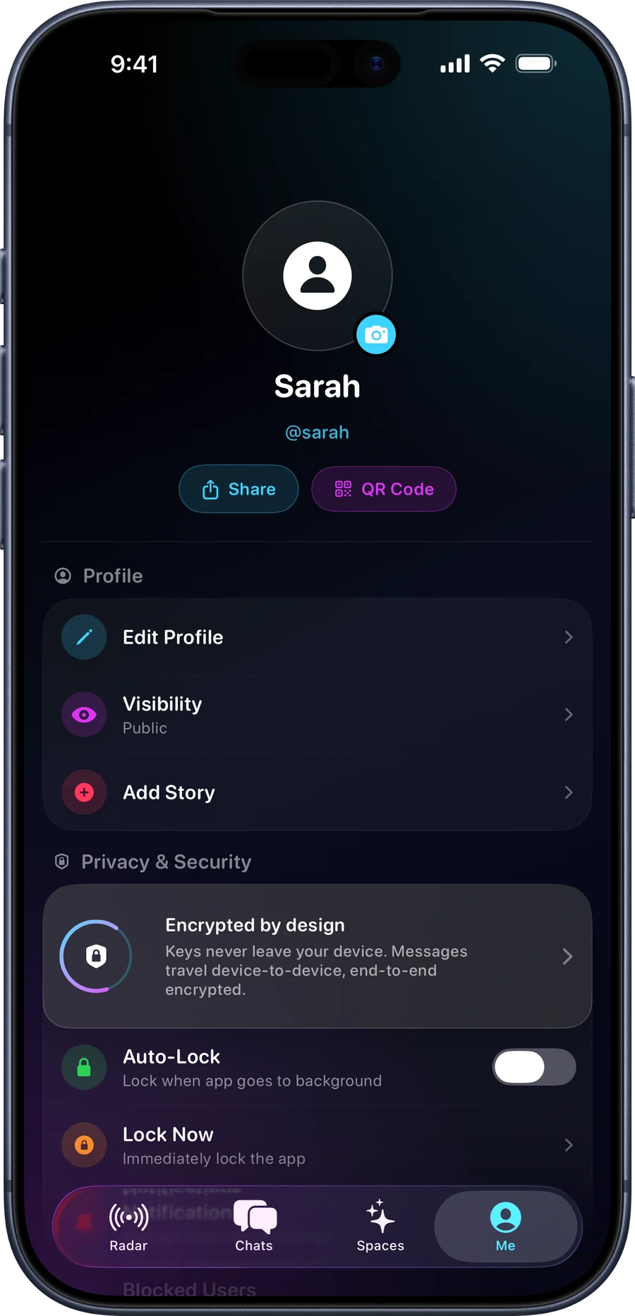 The Me tab in Whispyr on iPhone: a profile with Edit Profile, Visibility set to Public, and privacy settings.