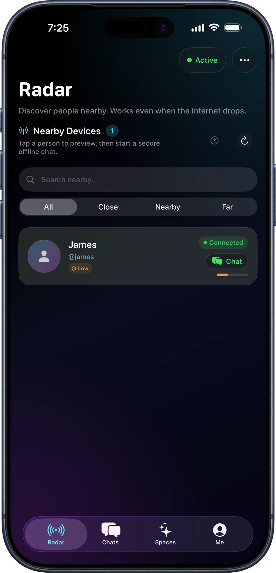 The Radar tab in Whispyr on iPhone: James is nearby and connected, with a Chat button.