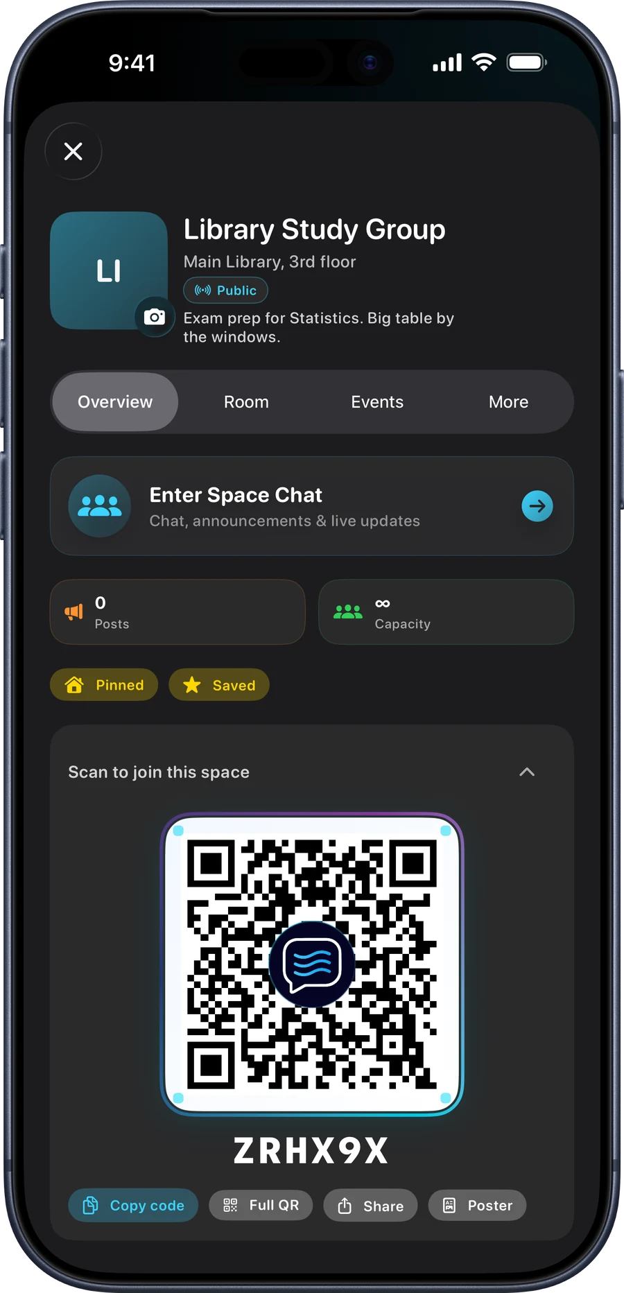 A Space in Whispyr on iPhone: Library Study Group at the Main Library, with a QR code and short code to join.