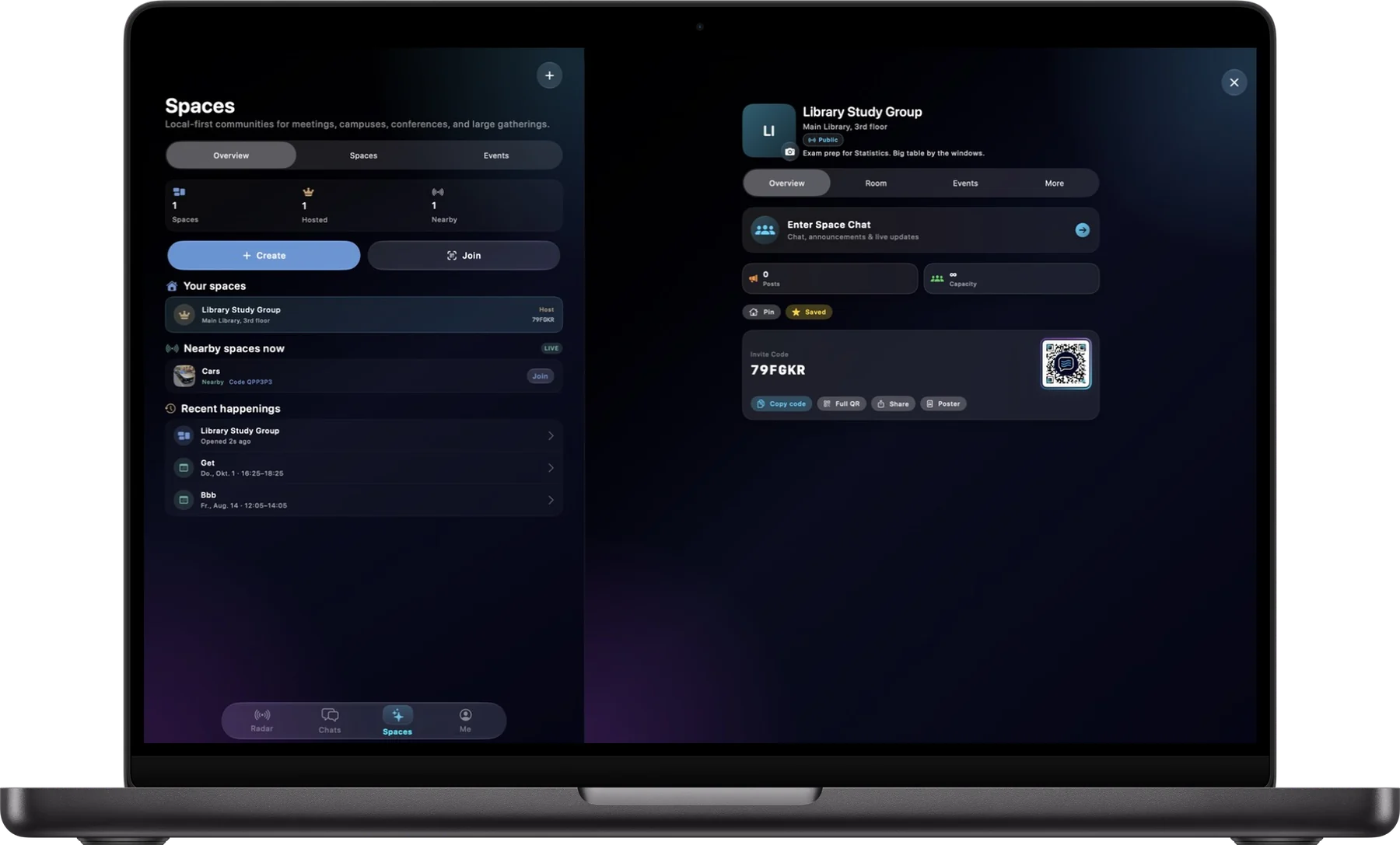 Whispyr on a MacBook Pro: the Spaces tab with the Library Study Group open, showing its invite code and QR code.